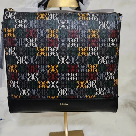 Fossil Geometric Blue and Brown Backpack with Leather Accents - Picture 1 of 10